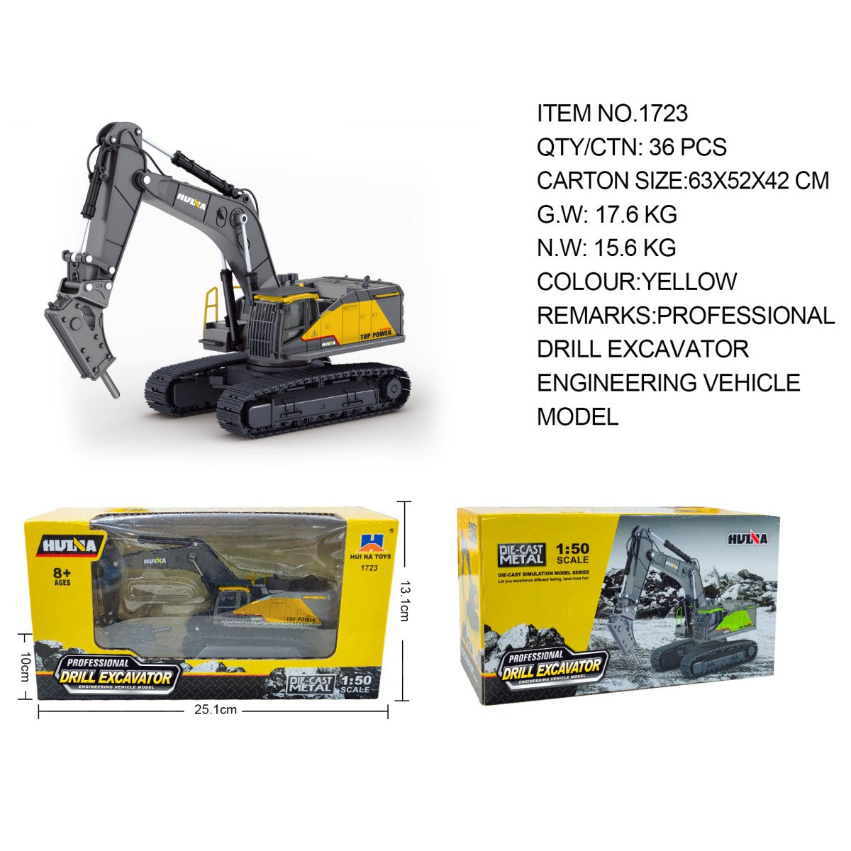 Huina 1723 1:50 Alloy Drill Excavator Static Model in yellow and gray with realistic detailing, ideal for collectors and educational play.